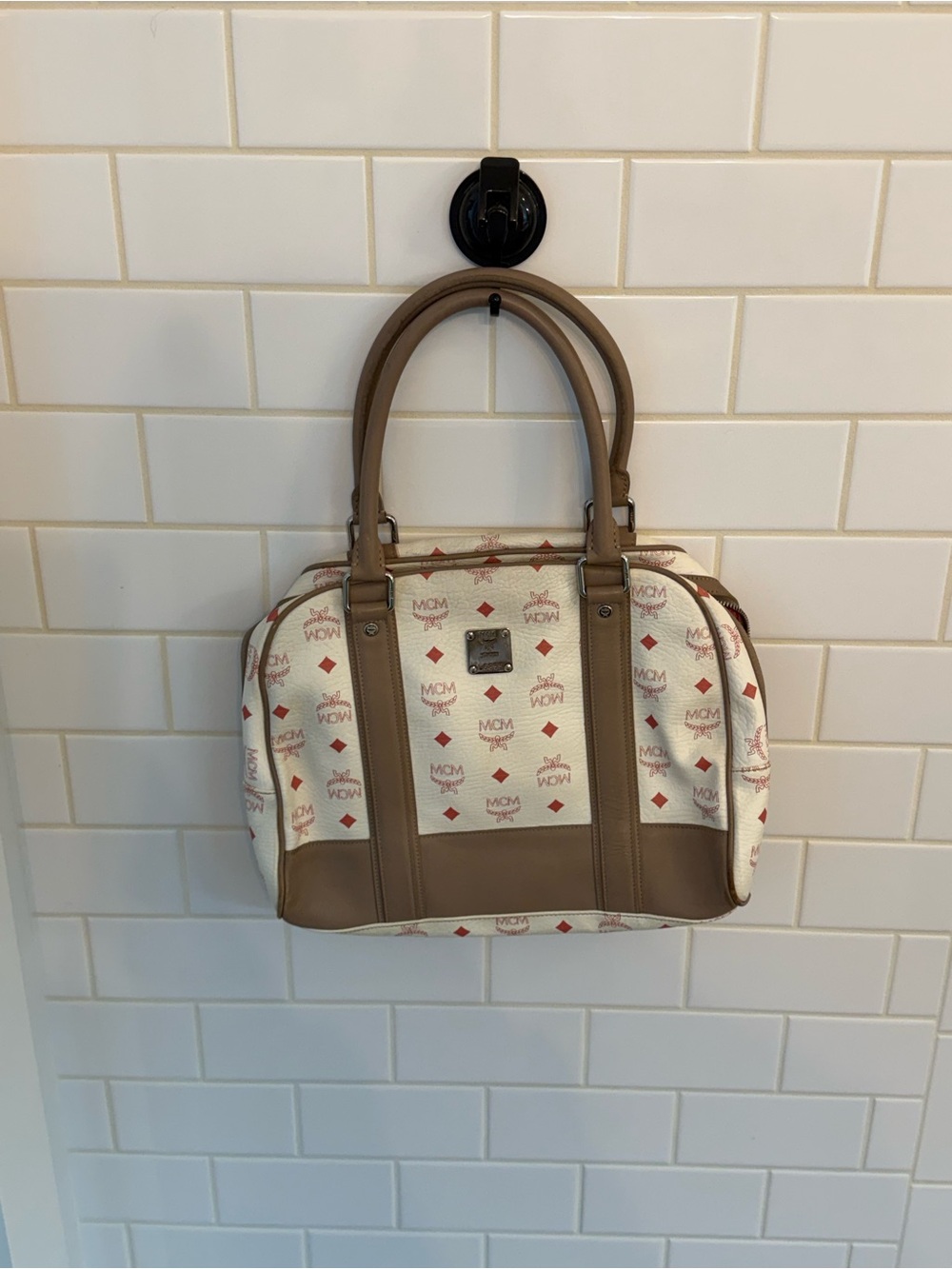 MCM Visetos Dome Satchel in White and Brown Trim